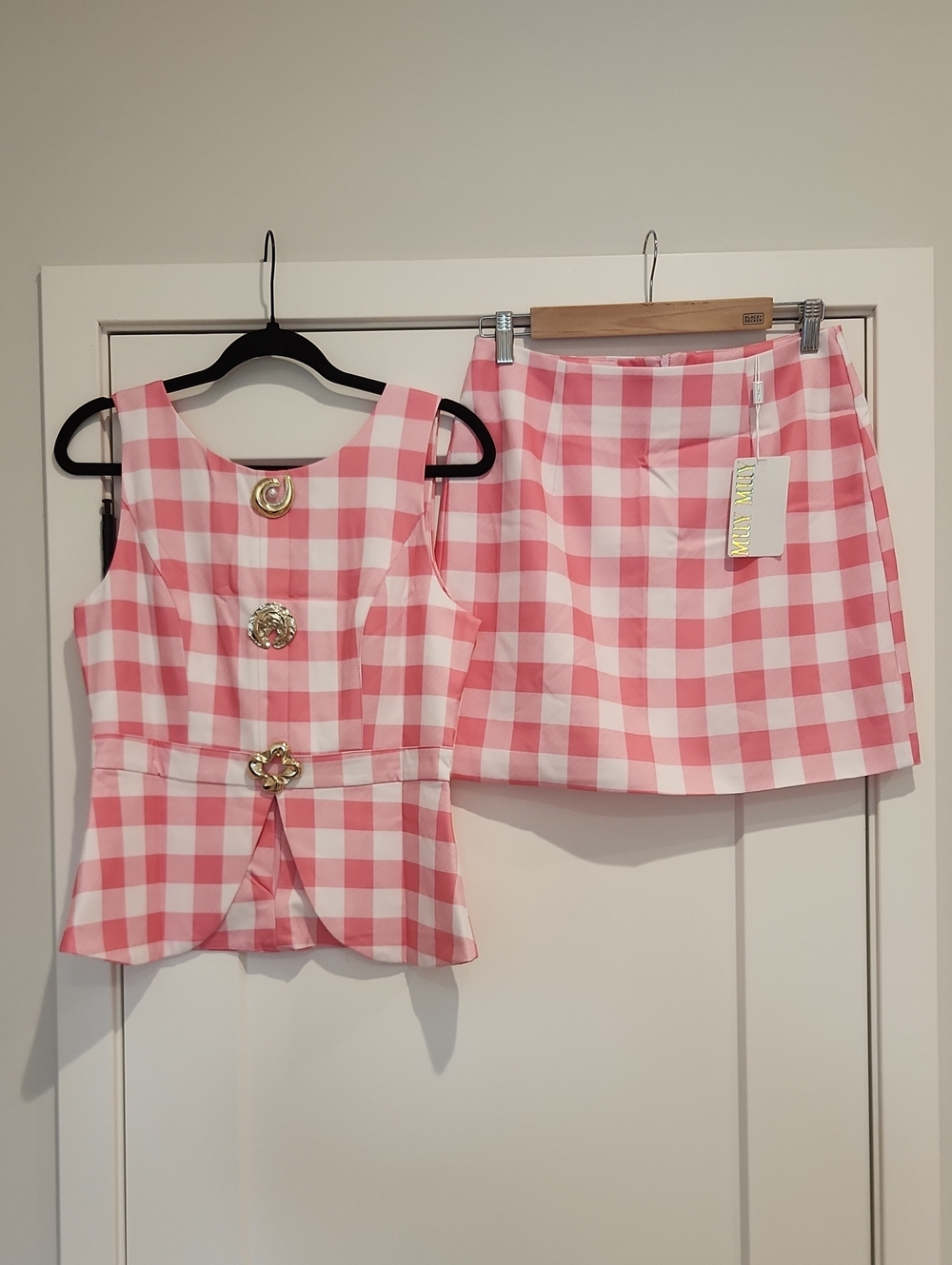 Muy Muy Pink & White Gingham Peplum Top And Skirt Set